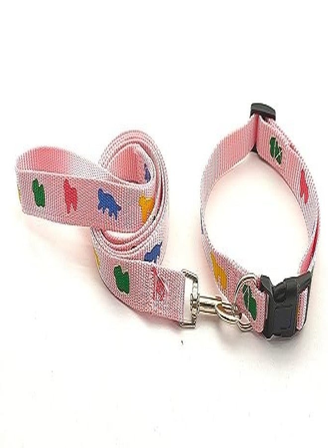 Pups&Pets Nylon Collar Leash Set Printed Adjustable & Durable Collar Leash Set 15 mm for All Small Breed Dog & Puppy 15 MM - Pink - Image 1